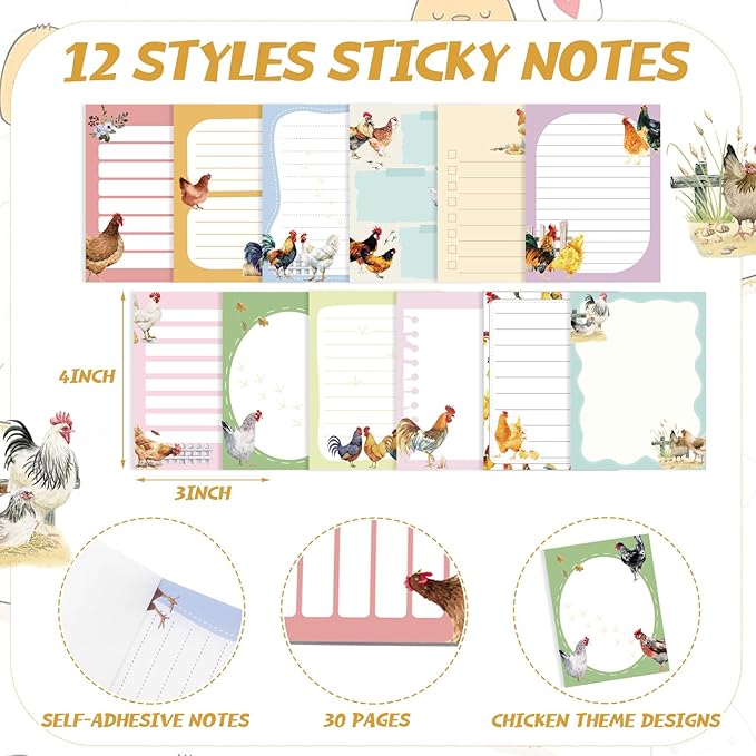 24 Pcs Chicken Sticky Notes with Pens Themed Gifts Self Adhesive Notepad Cute Memo Notes Pads Black Ink Ballpoint Pen for Chicken Lover Gifts Office School Students Teacher Supplies