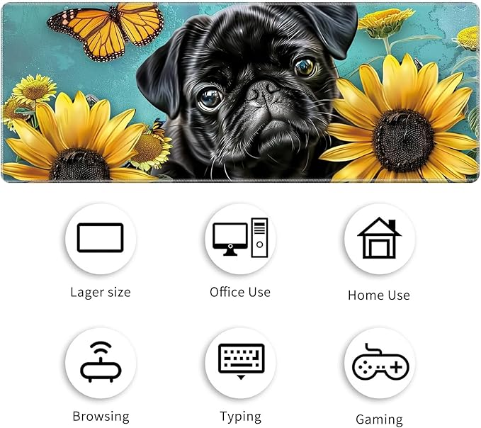 Desk Mat Large Gaming Mouse Pad (31.5x11.8 inch) with Stitched Edges, XL Mouse Pad +Coaster, Extended Mouse Mat Keybroad Mousepad Non-Slip Rubber for Gamer Men Women, Black Bulldog