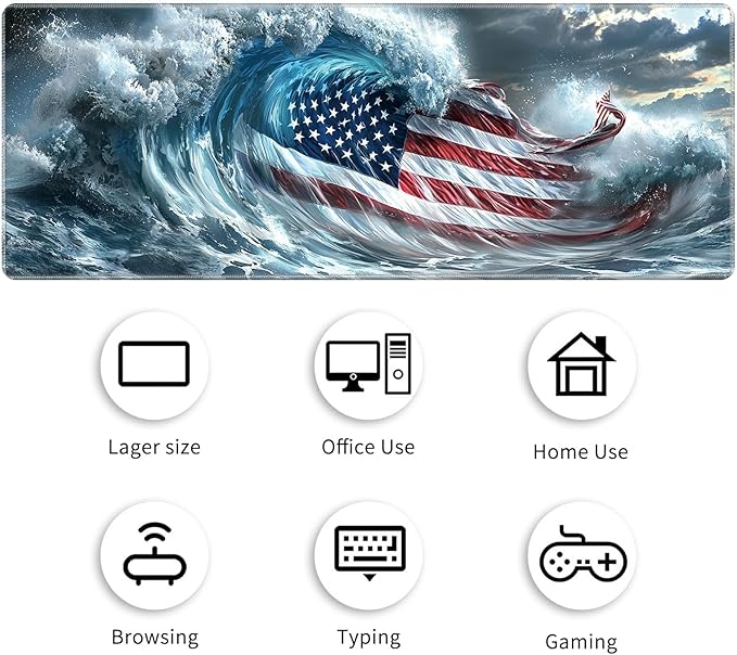 Desk Mat Large Gaming Mouse Pad (31.5x11.8 inch) with Stitched Edges, XL Mouse Pad +Coaster, Extended Mouse Mat Keybroad Mousepad Non-Slip Rubber for Gamer Men Women, Wave American Flag