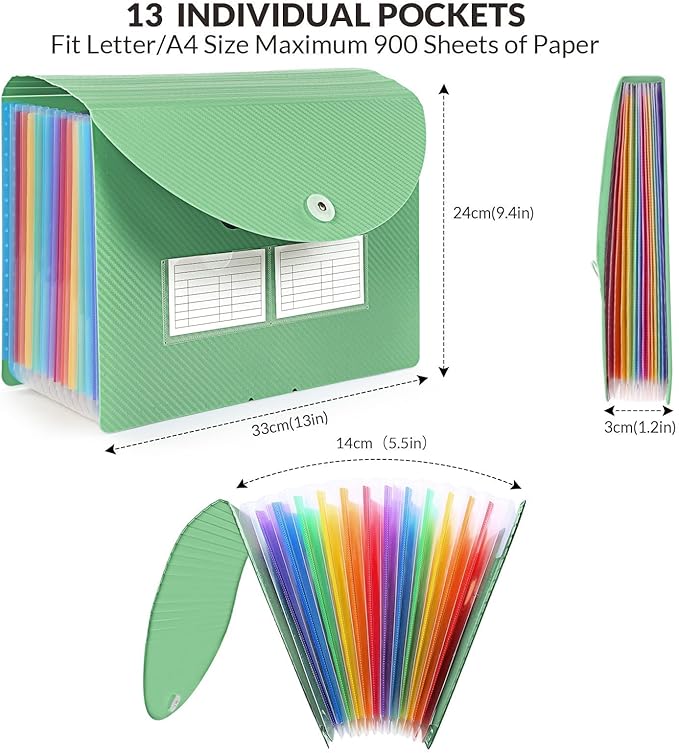 SKYDUE Accordion File Organizer, 13 Pocket Document Organizer, Expanding File Folder with Labels for Letter A4 Size, Office School Filing Use Green