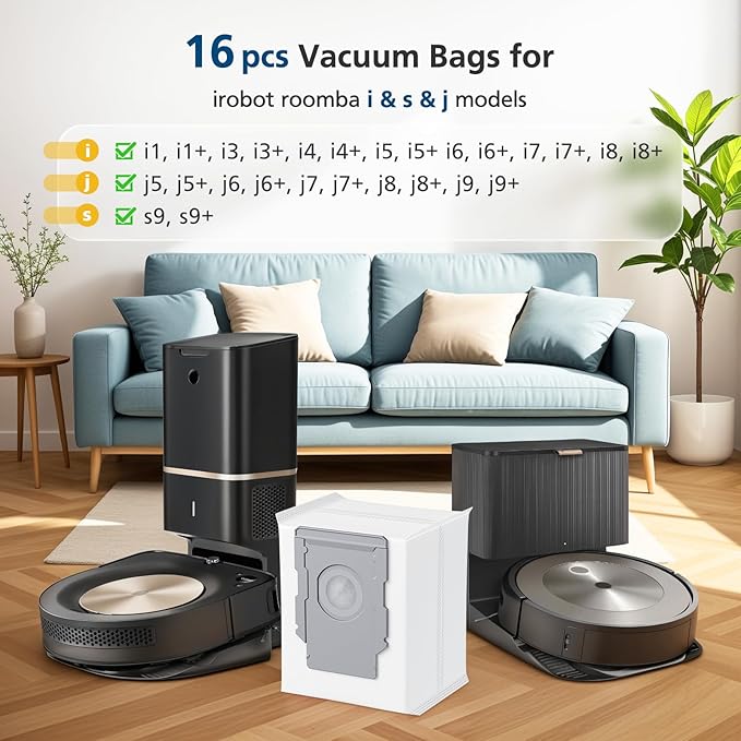 16 Pack Vacuum Bags for iRobot Roomba 104, 105, 405, 504, 505, 705, i7+, i8+, i3+, i4+, i5+, i6+, j5+, j6+, j7+, j8+, j9+, s9+, Combo10 Max, Roomba Replacement Bgs for all Clean Base models