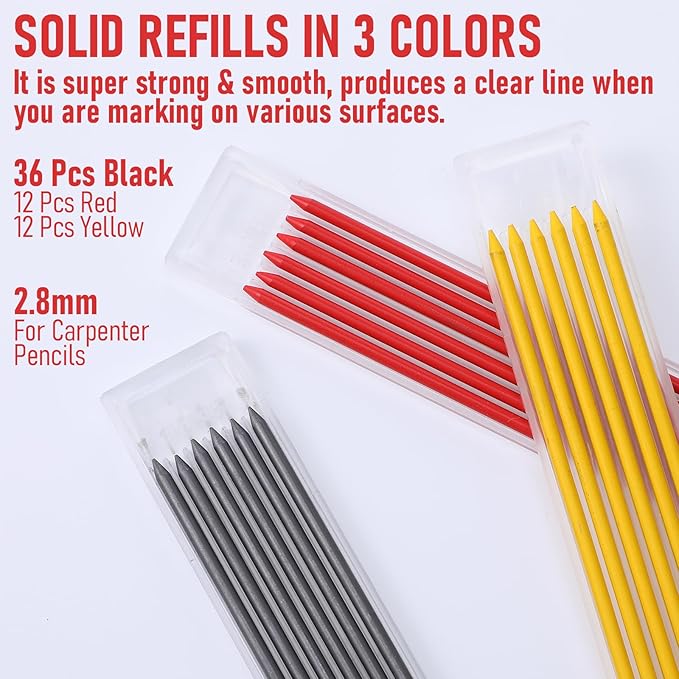 5 Pcs Carpenter Pencil, Woodworking Pencil, Construction Pencils Heavy Duty with 60 Pcs 2.8mm Refills & Built-in Sharpener, Long Nosed Deep Hole Mechanical Marker for Drafting Architect Woodwork