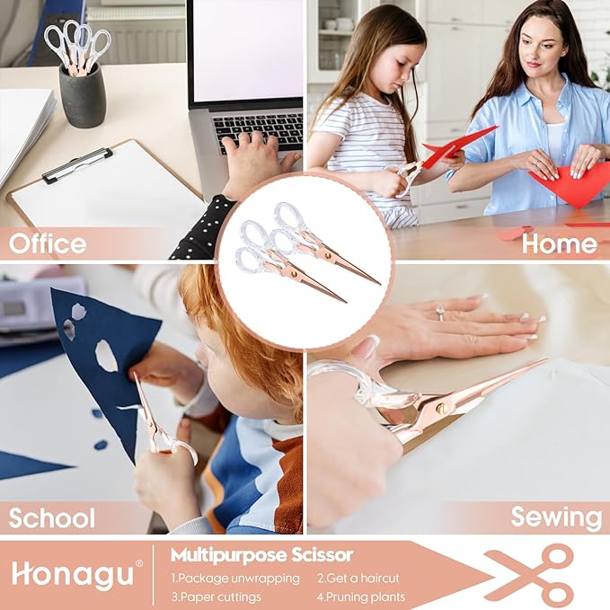 Honagu Premium Acrylic Handle Scissors -Stainless Steel Blades, Precision Cutting, Ergonomic Design, Ideal for Home, Office, and Craft Use - 2 Pack (Rose Gold)