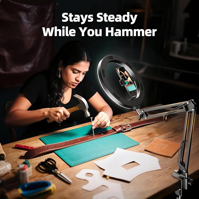 Ultra Bright 18W Ring Light for Desk with Overhead Phone Mount & Stable Phone Stand for Recording – Super Bright Lighting Ringlight for Artists/DIY Crafting/Repair Videos/Painting/Tutorial Recording