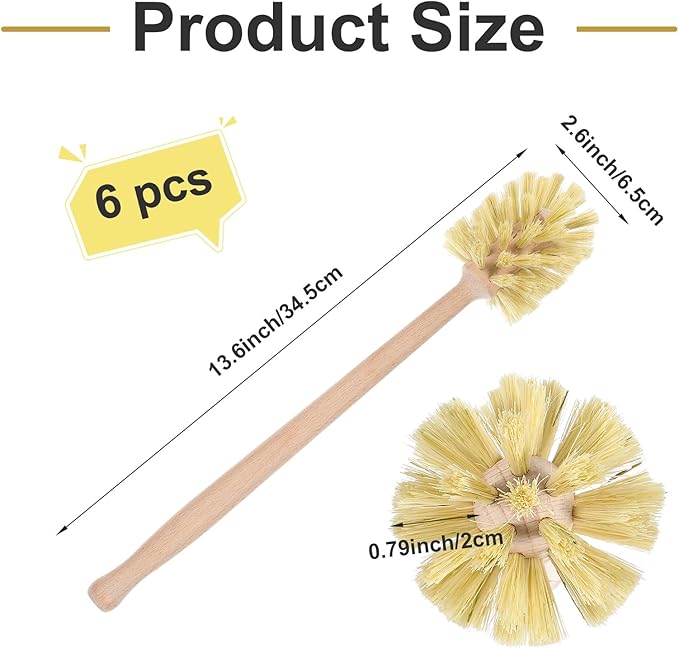 6 Pcs Natural Wood Dish Scrub Brush with Long Beechwood Handle Bristles for Cleaning Bottles, Mugs, Jars, Glasses, Dishes, Vases, Pitchers, 13.6 x 2.6 Inches