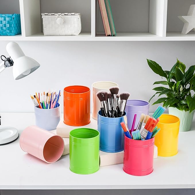 9 Pack Metal Pen Holder, Colorful Desktop Pencil Cup, Mini Stationary Supplies Buckets, Round Makeup Brush Storage Organizers for Office Home School Classroom Accessory, 3.5 x 4.5 Inches