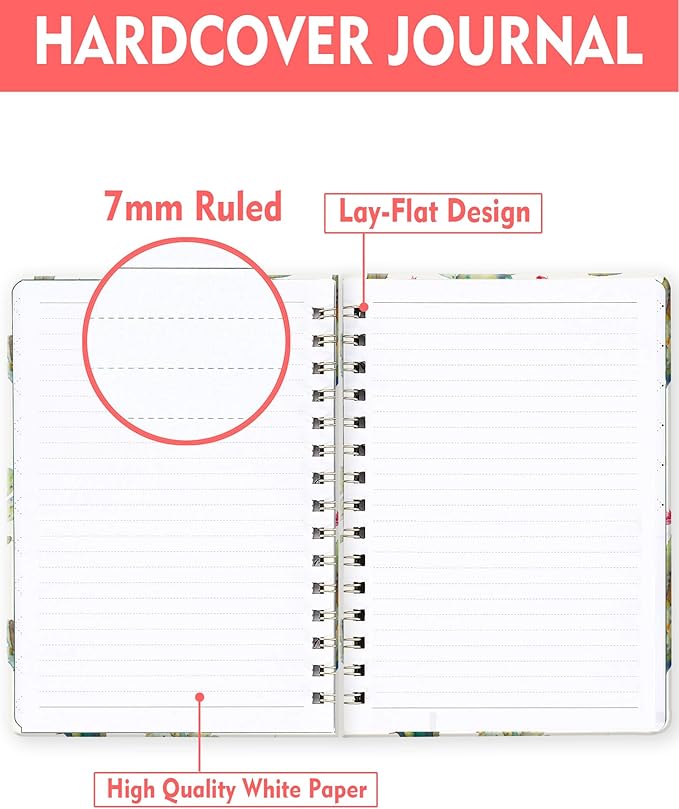 Spiral Journal Notebook for Women, Hardcover A5 College Ruled Notebook, 120 Pages, Thick Paper, Cute Lined Journal for School, Office & Work, 6 x 8.4 in(Watercolor Cactus)