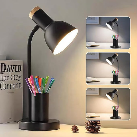LED Desk Lamp with Pen Holder, Eye-Caring Desk Light 3 Color Modes Reading Light Flexible Gooseneck Metal Study Lamp, Cute Table Lamps for Home Office Bedside Dorm(Black Lamp)