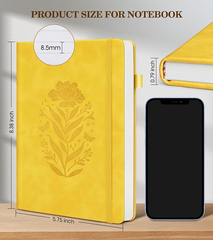 Lined Journal Notebook for Women, A5 Yellow Hardcover Leather Journals for Writing, 200 Pages Travel Daily Journal,Thick College Ruled Notebook for Work School, Note Taking, Business 5.75'' X 8.38''