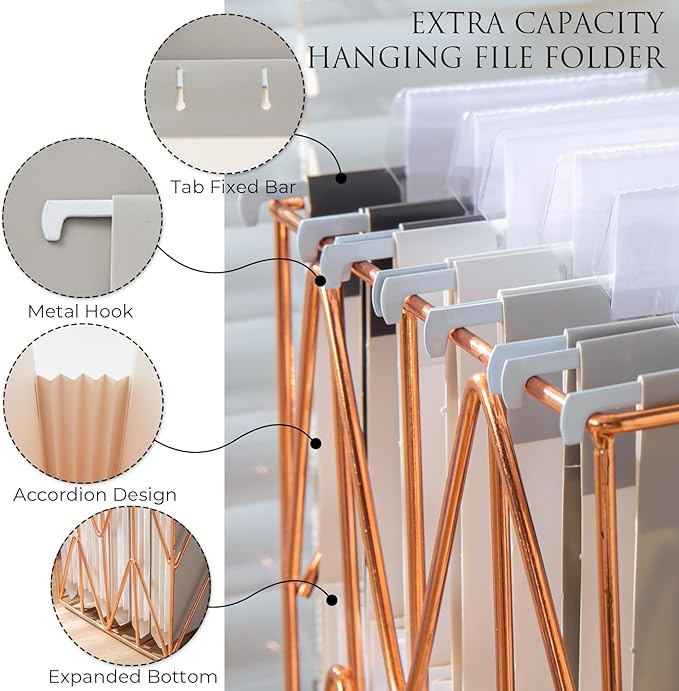 Y YOMA Letter Size - 6 Pack Extra Capacity Hanging File Folders Accordion Decorative Reinforced File Folder Cute Colored Expandable Folder for Office Home with 1/5-Cut Adjustable Tabs, Ash Grey