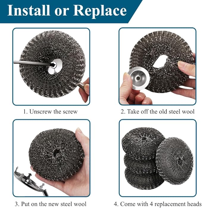 6Pcs Steel Wool Scrubber with Long Handle - Stainless Steel Scrub Brush Set for Scouring Stubborn Messes from Cast Iron, Pots, Pans, Grill, Sink (1 Scrubber + 4 Pads + 1 Screwdriver)
