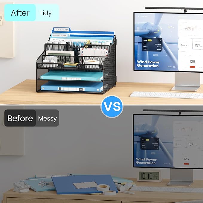 Lavatino Desk Organizer - Metal Mesh with 2 Paper Letter Trays, 7 Flexible Dividers, 2 Vertical File Holders for Office/Home/Classroom Supplies, Desk Organizers and Accessories, Black