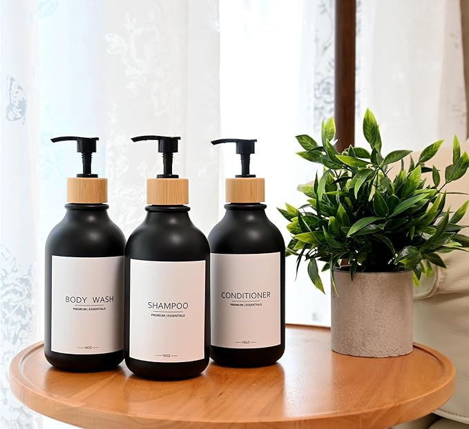 Frosted Plastic Shampoo and Conditioner Bottles, Apothecary Dispenser Bamboo Pump, Refillable Bottles for Shower Lotion, Oil, Hand Soap, Sanitizer, Liquid Soap, Set of 3 with 9 Labels (6, Matte Black)