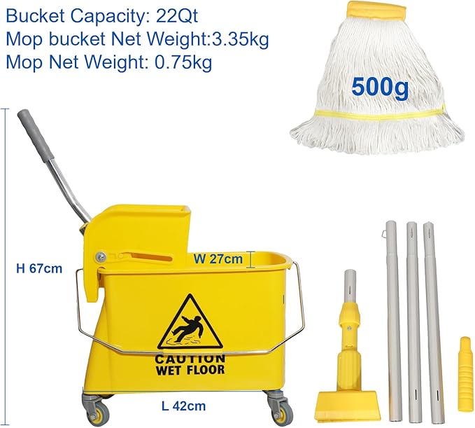 Midoneat Mop Bucket with Wringer, 22 Qt (5.5 Gallon), Handle, Wheels,Floor Cleaning, 16.5" L x 10.6" W x 26.4" H, Yellow,Add One Cotton Mop