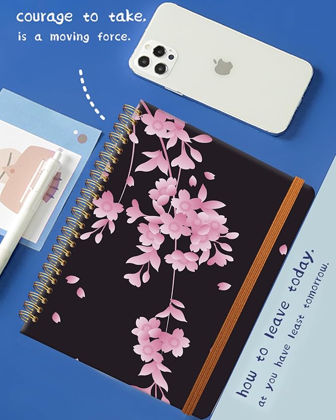 Ruled Spiral Writing Notebook,A5 Hardcover Lined College Journal for Women,Strong Twin-Wire Binding with Premium Paper,8.4" X 6",Perfect for School,Office,Home(Cherry Blossom)