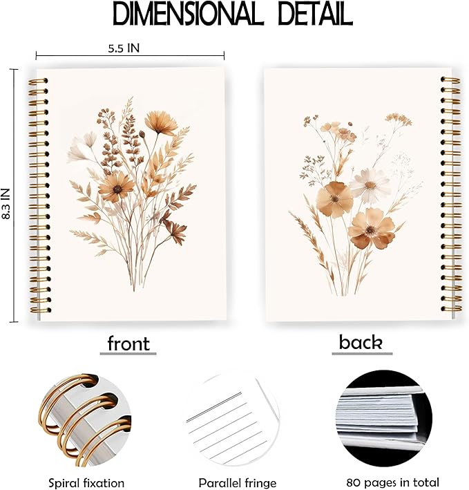 JWVK Fall Wildflower Spiral Notebook, Vintage Boho Neutral Floral Notebooks for Note Taking, Cottagecore Wild Flower Botanical Journal for Writing, Flower Office Supplies, 5.5x8.3 Inch