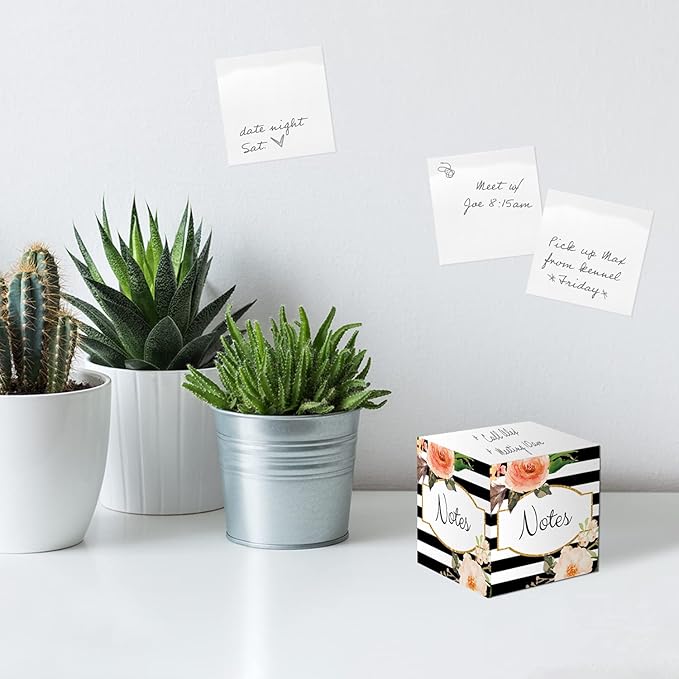 Black and White Floral Sticky Note Cube / 2.75" Memo Block Printed On 4 Sides/Modern Floral Stripe Design/Made in The USA