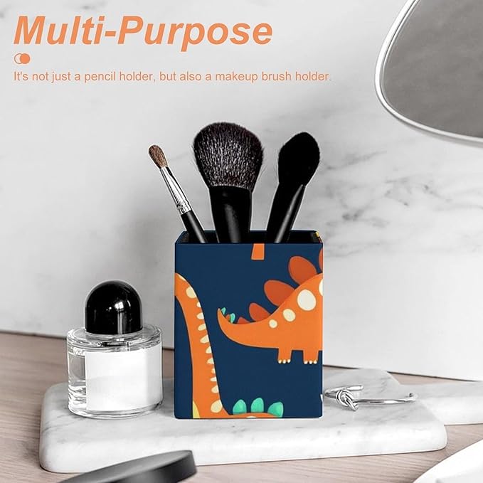 Pen Holder Square Leather Pencil, Holder Cup Makeup Brush Storage Organizer, Waterproof Multifunctional Office Supplies Dinosaur