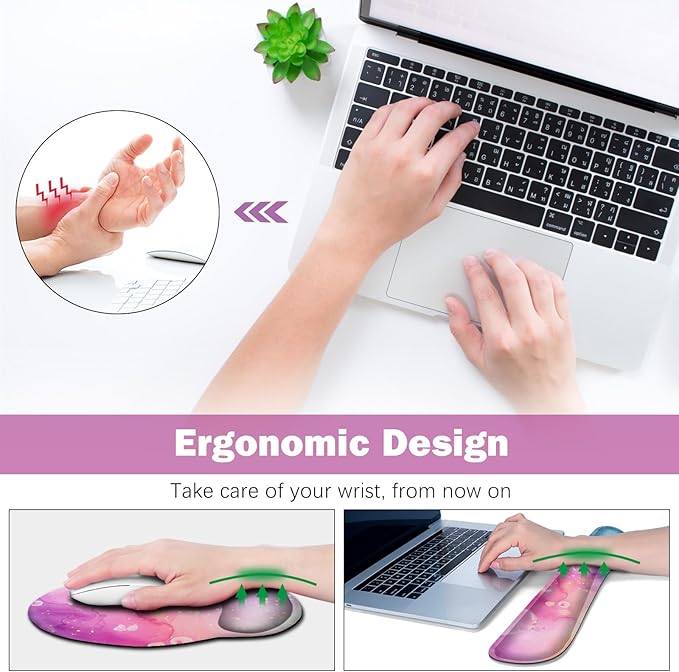 ARTSO Large Mouse Pad and Keyboard Wrist Rest, Ergonomic Mouse Pad with Wrist Support, Non-Slip Desk Mat Protector for Office, Home -Blue Pink Ink Marble