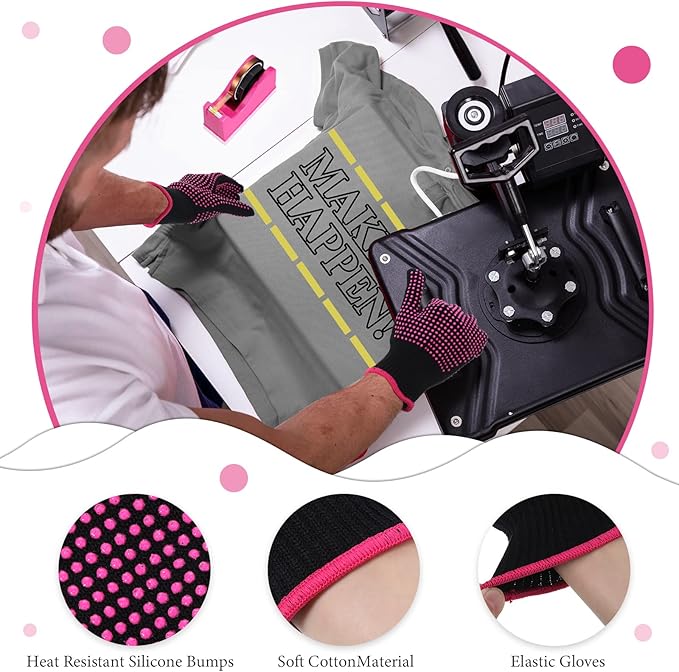 Sabary 9 Pcs Heat Tape Dispenser Set, Sublimation Tapes Dispenser Adhesive Roll Holder 2 Pcs Heat Resistant Gloves with Silicone Bumps 6 Pcs Thermal Tape for Office Home (Rosy)