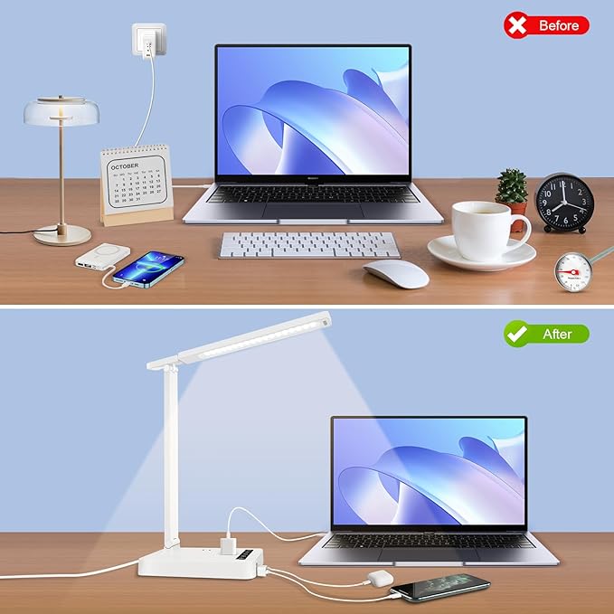 Desk Lamp with 4-Port Charging Station (2 AC Outlets, USB-C, USB-A), 5 Color Modes & Adjustable Brightness, Flexible Gooseneck Arm, Eye-Protecting LED Light Source, Ideal for Home Offices & Bedrooms