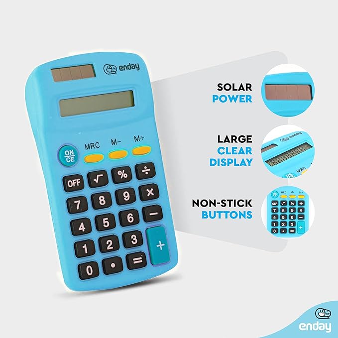 Calculator Blue, Basic Small Solar and Battery Operated, Large Display Four Function, Auto Powered Handheld Calculator School and Kids Available in Green, Red, Purple, Grey, Pink, 1 PK – by Enday
