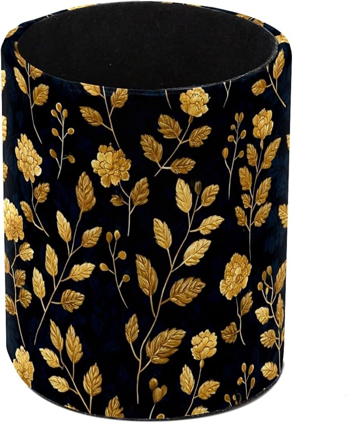 Leather Pen Holder for Desk Floral Golden Pencil Cup Desktop Organizer Makeup Brush Holders Office Supplies for Home, Kids & School