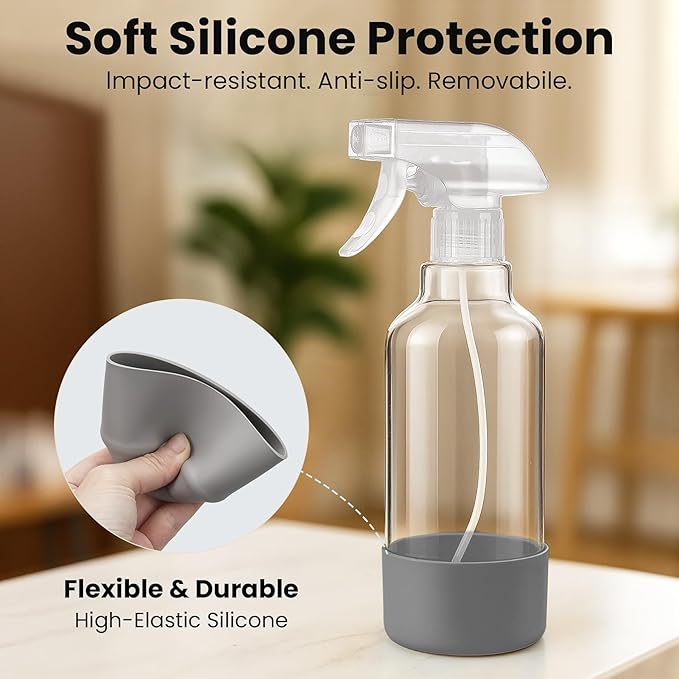 Glass Spray Bottles with Silicone Sleeve 16.9oz 2 Pack Empty Spray Bottle for Hair Mist/Stream Spraying for Cleaning Solutions, Plants, Essential Oils (clear-qblue&grey)
