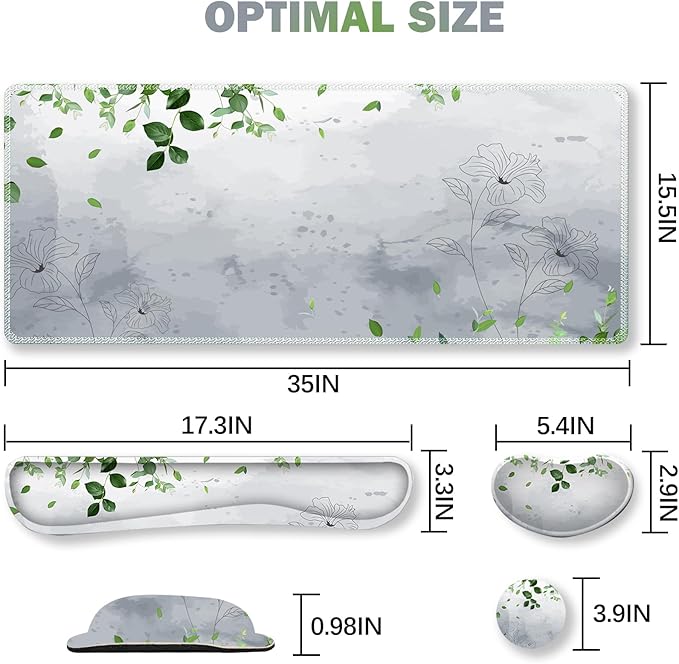 ARTSO Gaming Mouse Pad Wrist Support Set, XXL Large Desk Mat Mousepad + Keyboard Wrist Support+ Mouse Wrist Rest+Coaster 4in1 Ergonomic, Memory Foam -Green Leaves and Line Flower