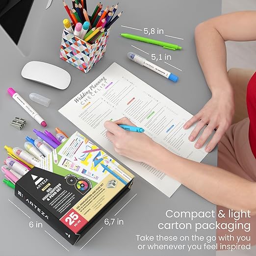 ARTEZA Gel Highlighters and Black Pens – 24-Pack with Sharpener, Smudge-Free, No-Bleed, for Thin Pages, Journaling, Note-Taking, School and Office Use