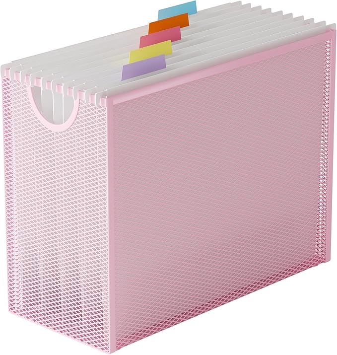 Hanging File Organizer Box, Hanging File Folder Frame Holder Filing Box with 5 Hanging Folders, Metal Mesh Desk File Folder Storage(No Assembly Required), Pink