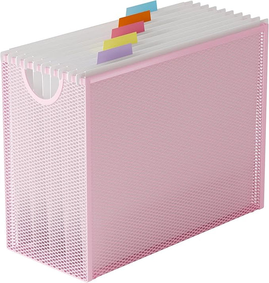 Hanging File Organizer Box, Hanging File Folder Frame Holder Filing Box with 5 Hanging Folders, Metal Mesh Desk File Folder Storage(No Assembly Required), Pink