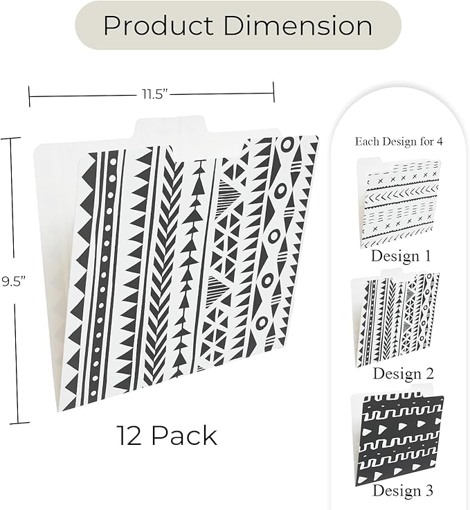 Y YOMA 12 Pack Decorative File Folders Letter Size File Folder with 1/3-Cut Tab Cute Pretty Colored Heavyweight Filing Folder File Organizers for Office School Home Desktop, Black & White