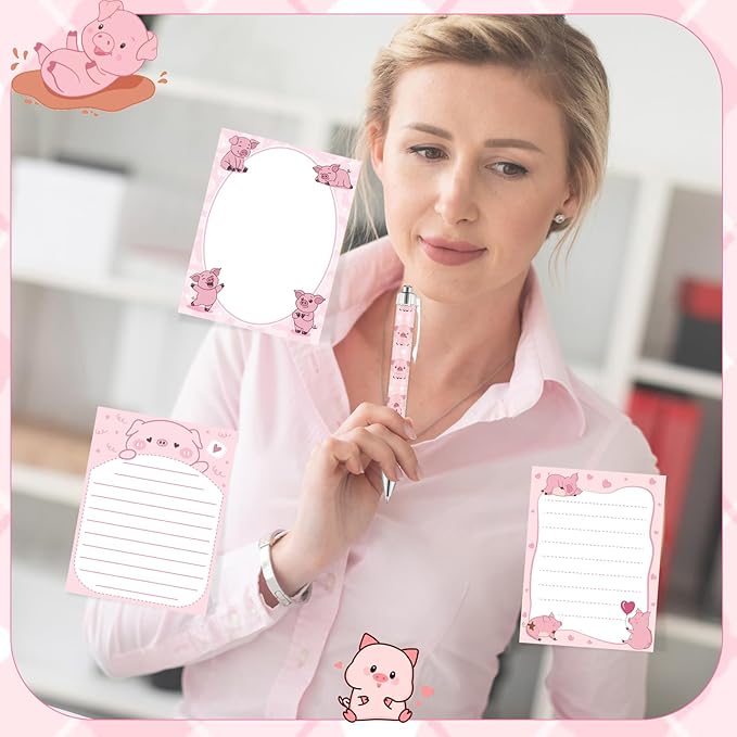 24 Pcs Piggy Sticky Notes with Pens Pink Pig Themed Gifts Self Adhesive Notepad Cute Memo Notes Pads Black Ink Ballpoint Pen for Pig Lover Gifts Office School Students Teacher Supplies