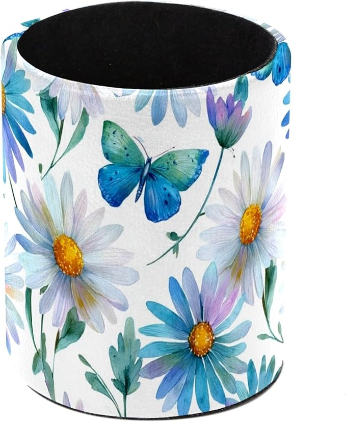 Leather Pen Holder for Desk Butterfly Daisy Pencil Cup Desktop Organizer Makeup Brush Holders Office Supplies for Home, Kids & School