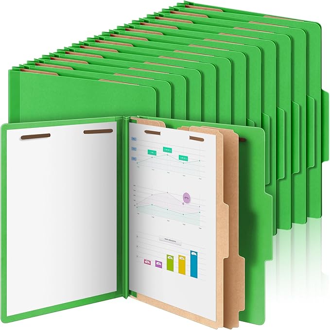 60 Pcs Classification Folders Letter Size, 2 Divider Pressboard File Folders with 3. 5 Inch Expansion, 2 Prongs Fastener, Heavy Duty Office File Organizers for Teachers, Medical (Green)