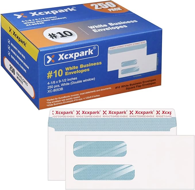 250 PCS #10 Double Window White Security Envelopes for QuickBooks Invoices, Most Statements And Documents Self Seal Kraft 4-1/8 x 9-1/2 inches Invisible Envelopes Super Strong Quick Seal