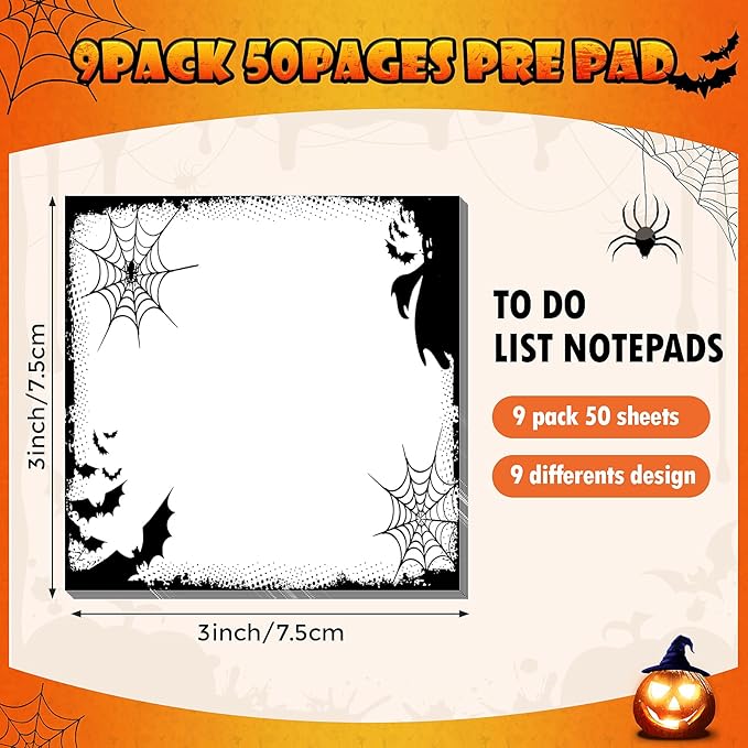 clothmile Halloween Sticky Notes Halloween Post It Notes with Spider Pumpkin Bat, Work-Study Notes, 450 Pieces of Halloween Self-Adhesive Removable Note Pads 9 Styles, 50 Sheets Each (Halloween-3)