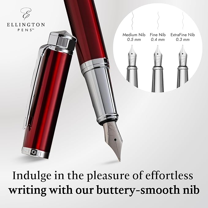 Ellington Pens Luxury Fountain Pen Set - Smooth Fine Nib- Includes 3 Ink Cartridges, Refillable Ink Converter, Gift Box- Fountain Pens For Writing, Calligraphy, Journaling, Sketching (Scarlet Slate)