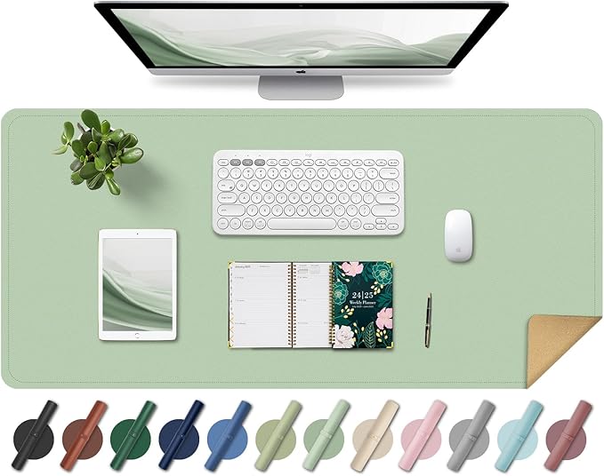 Large Desk Pad 35.4" x 17", Non-Slip Desk Mat with PU Leather & Natural Cork, Waterproof Writing Desk Natural Cork, Computer Mat Desk Protector for Office Home, Light Green