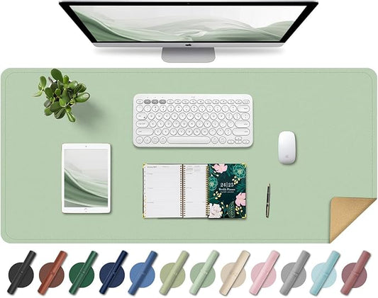 Large Desk Pad 35.4" x 17", Non-Slip Desk Mat with PU Leather & Natural Cork, Waterproof Writing Desk Natural Cork, Computer Mat Desk Protector for Office Home, Light Green