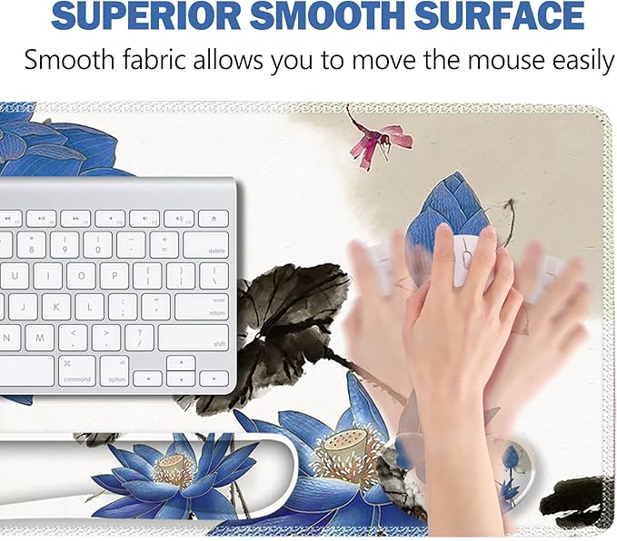 ARTSO Extended Gaming Mouse Pad Set, Keyboard Wrist Rest Support Pad + Wrist Cushion + XXL Large Mouse Pad + Coaster, Stitched Edge, Non-Slip, Memory Foam Desk Mat, Blue Lotus Ink Painting