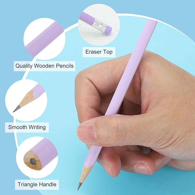 PATIKIL Round Pencils, 12 Pack Triangle HB Graphite Pencil Woodcase Wooden Pencils with Eraser for Classroom Office Writing Drawing Supplies, Pink