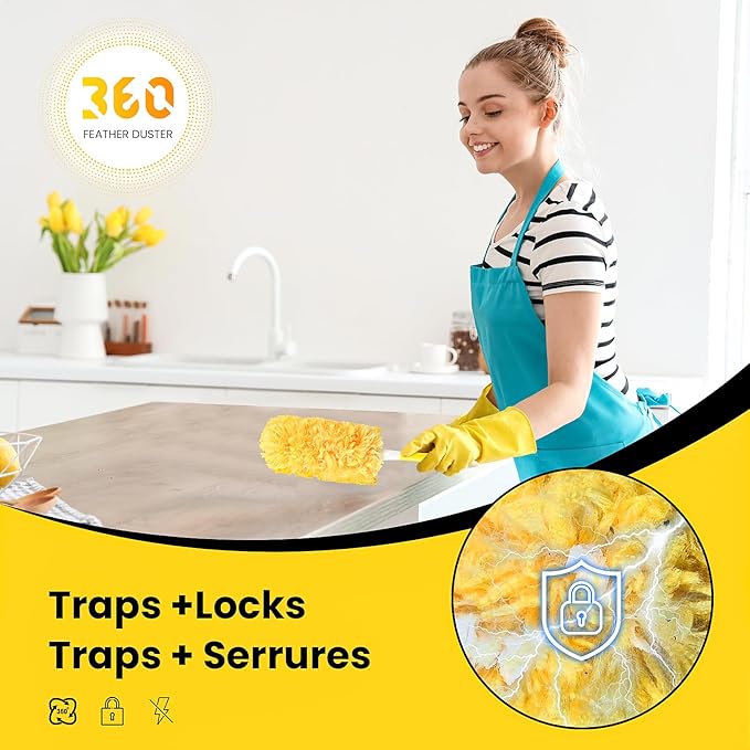 XL 360° Duster Refills | Compatible with Swiffer Duster | 60Count + 1 Handle | Electrostatic Lock-Dust Technology | Heavy Duty Disposable Duster for Furniture, Blinds, Lamps, Allergen Cleaning