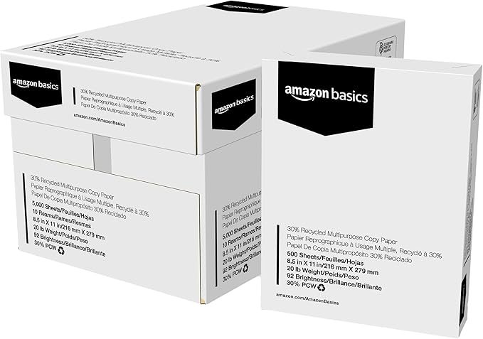 Amazon Basics 30% Recycled Multipurpose Copy Printer Paper, 8.5 x 11 Inches, 20 lb, 10 Ream, (5,000 Sheets), 92 Bright, White