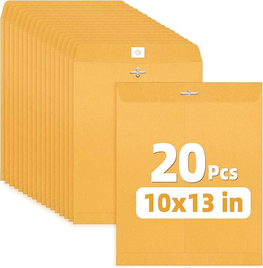 SUNEE 10x13 Clasp Envelopes 20 Count - 10x13 Inch Brown Kraft Envelopes with Clasp Closure – for Home, Office, Business, Legal or School, Great for Filing, Storing or Mailing Documents