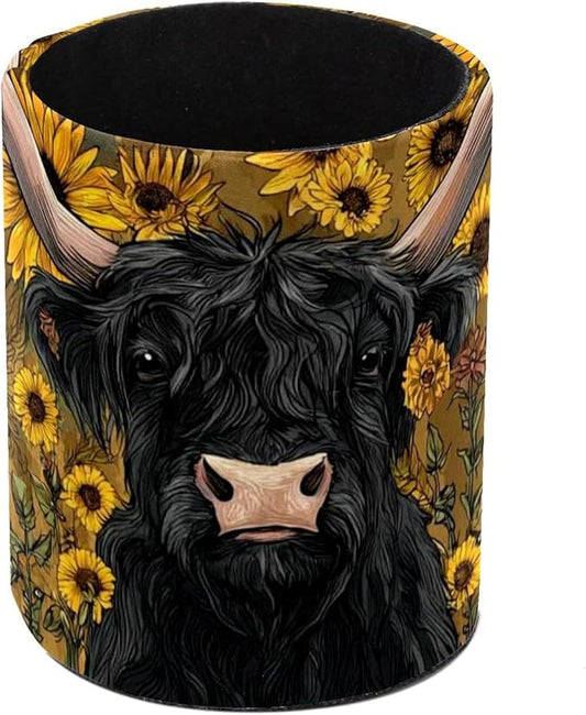 1 Pack Watercolor Sunflower Yak Circular Pen & Pencil Holder - Durable PU Leather Pencil Cup, Desk Accessories Organizer for Office Desk School Home