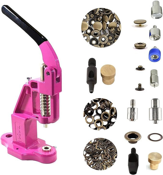 Hobby Trendy Hand Press with Rust Free Steel 50 Sets Ln24 15mm Fashion Spring Glove Snaps and 50 Sets Brass 8 mm (Nr5) Eyelets, Matching Dies and Hole Punches (Bronze Supplies, Pink Press)