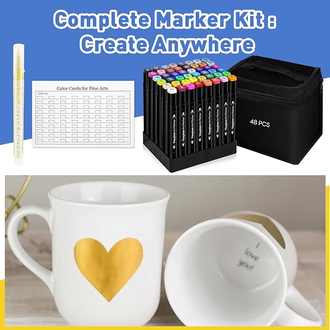 Alcohol Markers Set 48 Colors - Dual Tips Drawing Marker Alcohol Based Marker Pens for Adult Kids Coloring Painting Book Professional Art Supplies with Carrying Case