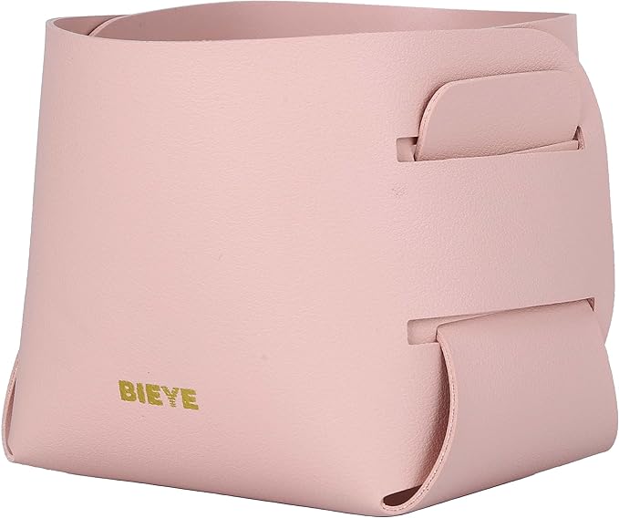 Bieye LSB001 Collapsible Leather Storage Bin Decorative Desk Organizer for Jewelry Makeup Pen Pencil Glasses Remote Controller Storage (Pink, 4WX4LX4H)